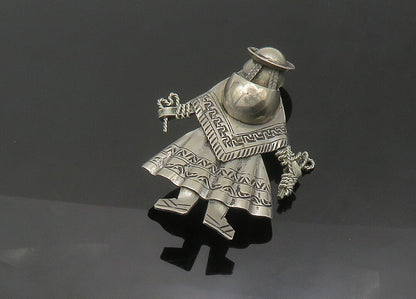925 Sterling Silver  Vintage Shiny Etched Person In Poncho Brooch Pin  BP8671