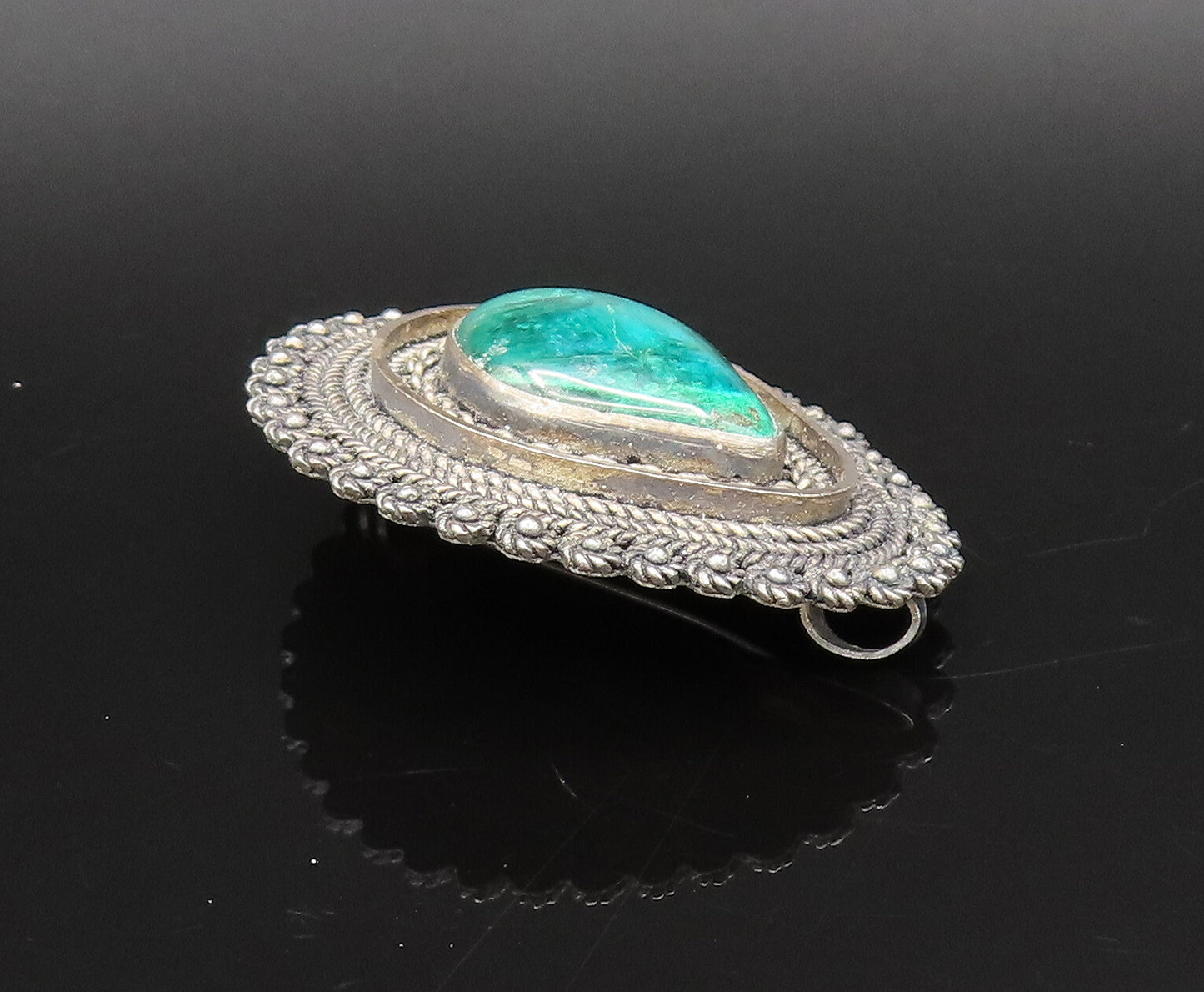 ISRAEL 925 Sterling Silver Vintage Rope Twist & Chrysocolla Brooch Pin BP10026