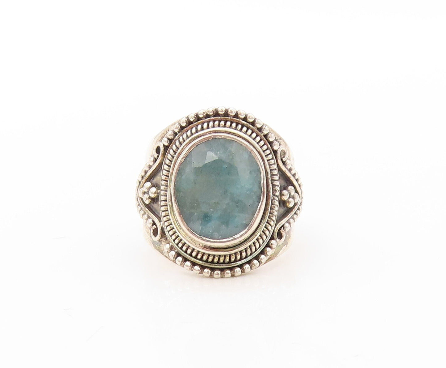 925 Sterling Silver Vintage Ring Bead Design Carved Oval Gemstone  Sz 7  RG30596