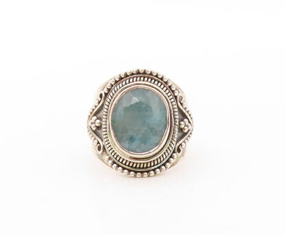 925 Sterling Silver Vintage Ring Bead Design Carved Oval Gemstone  Sz 7  RG30596