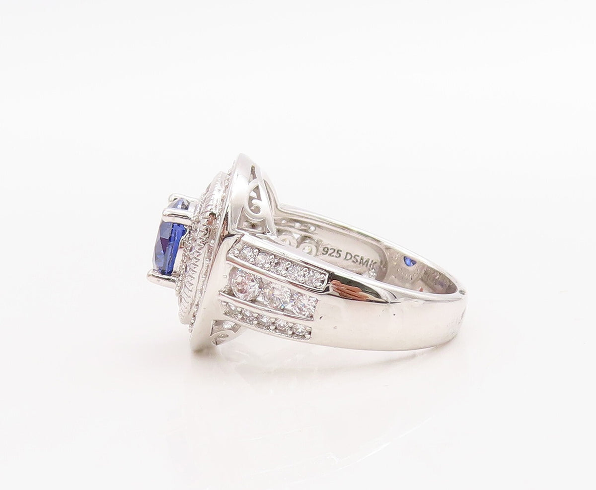 925 Sterling Silver Vintage Ring Round Cut Sapphire Halo CZ Inlay  Sz 7  RG30746