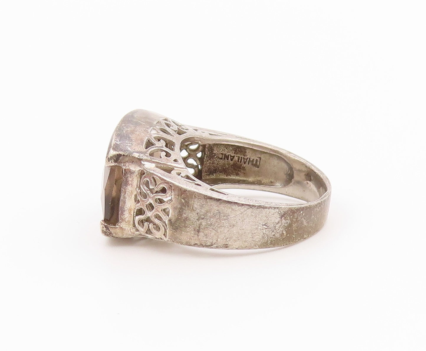 925 Sterling Silver Vintage Ring Smoky Quartz Statement Band  Sz 7  RG36421