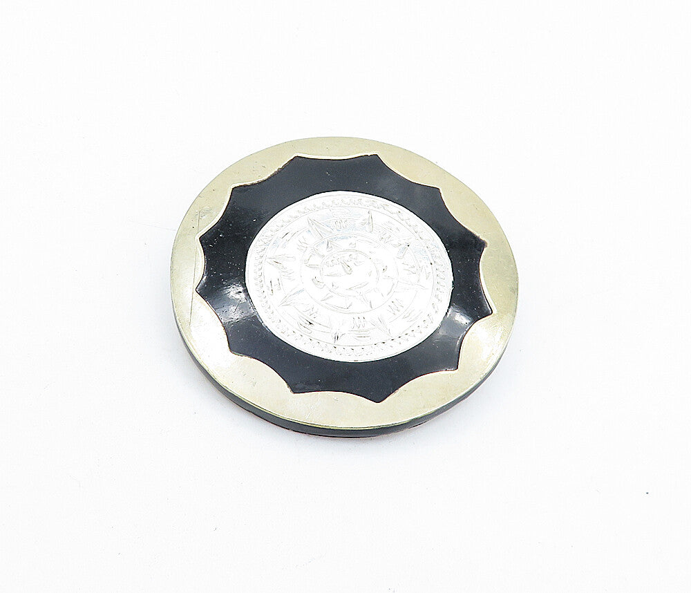 MEXICO 925 Sterling Silver  Vintage Black Onyx Sun Calendar Brooch Pin  BP1682