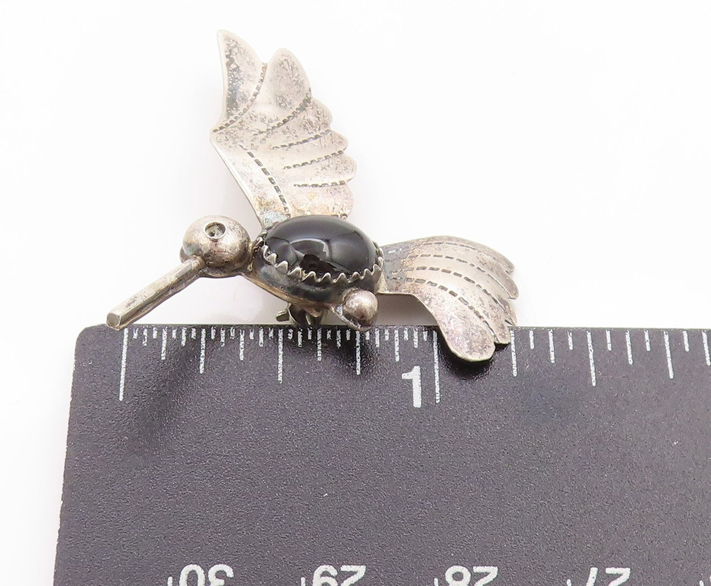 925 Sterling Silver Vintage Brooch NAVAJO Onyx Etched Humming Bird Pin   BP11870