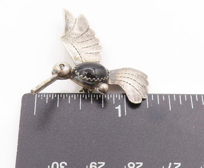 925 Sterling Silver Vintage Brooch NAVAJO Onyx Etched Humming Bird Pin   BP11870