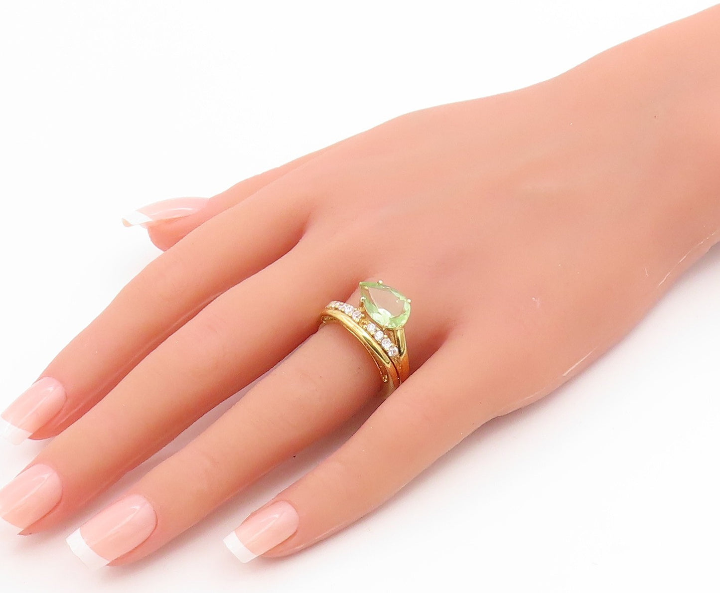 925 Sterling Silver Vintage Ring Gold Plated Pear Cut Peridot Band Sz 7 RG35819