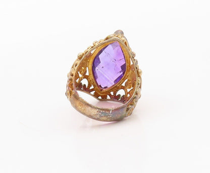 925 Sterling Silver Vintage Ring Gold Plated Floral Carved Amethyst Sz 7 RG29968