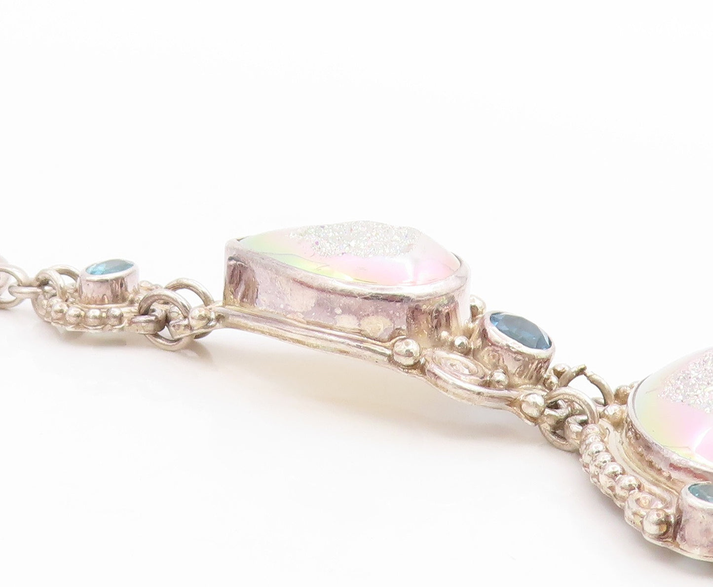 925 Sterling Silver Vintage Bracelet SAJEN Drusy Quartz & Topaz Link  BT12003