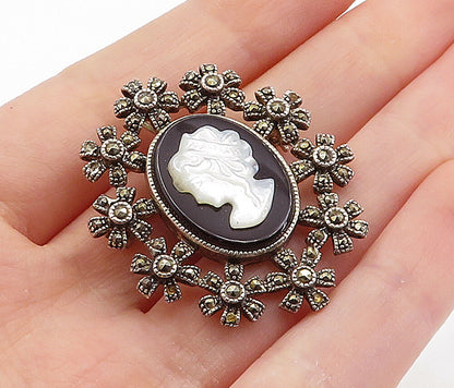 925 Silver  Vintage Mother Of Pearl & Black Onyx Cameo Brooch Pin  BP2587