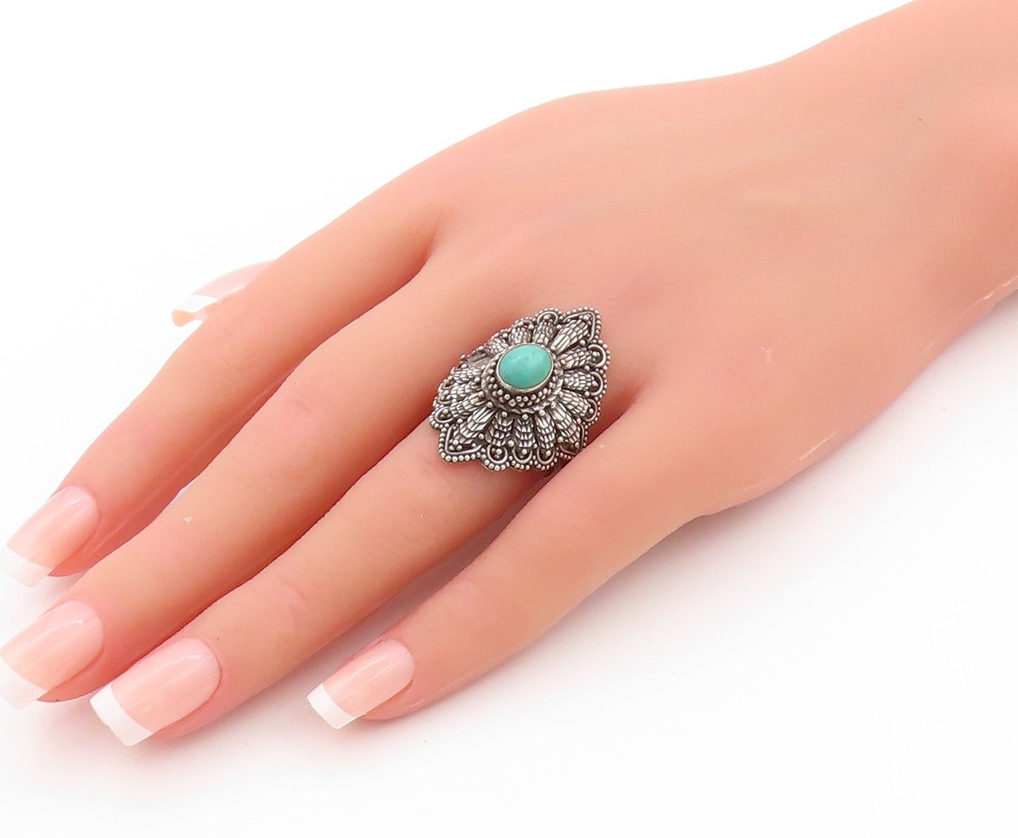 925 Sterling Silver Vintage Ring Antique Dark Tone Turquoise Flower Sz 7 RG32740