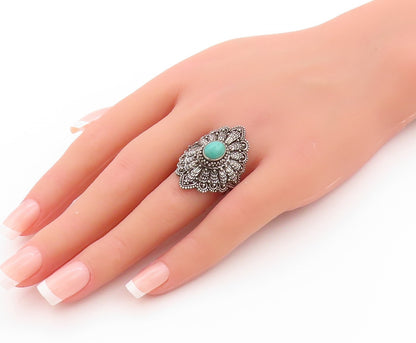 925 Sterling Silver Vintage Ring Antique Dark Tone Turquoise Flower Sz 7 RG32740