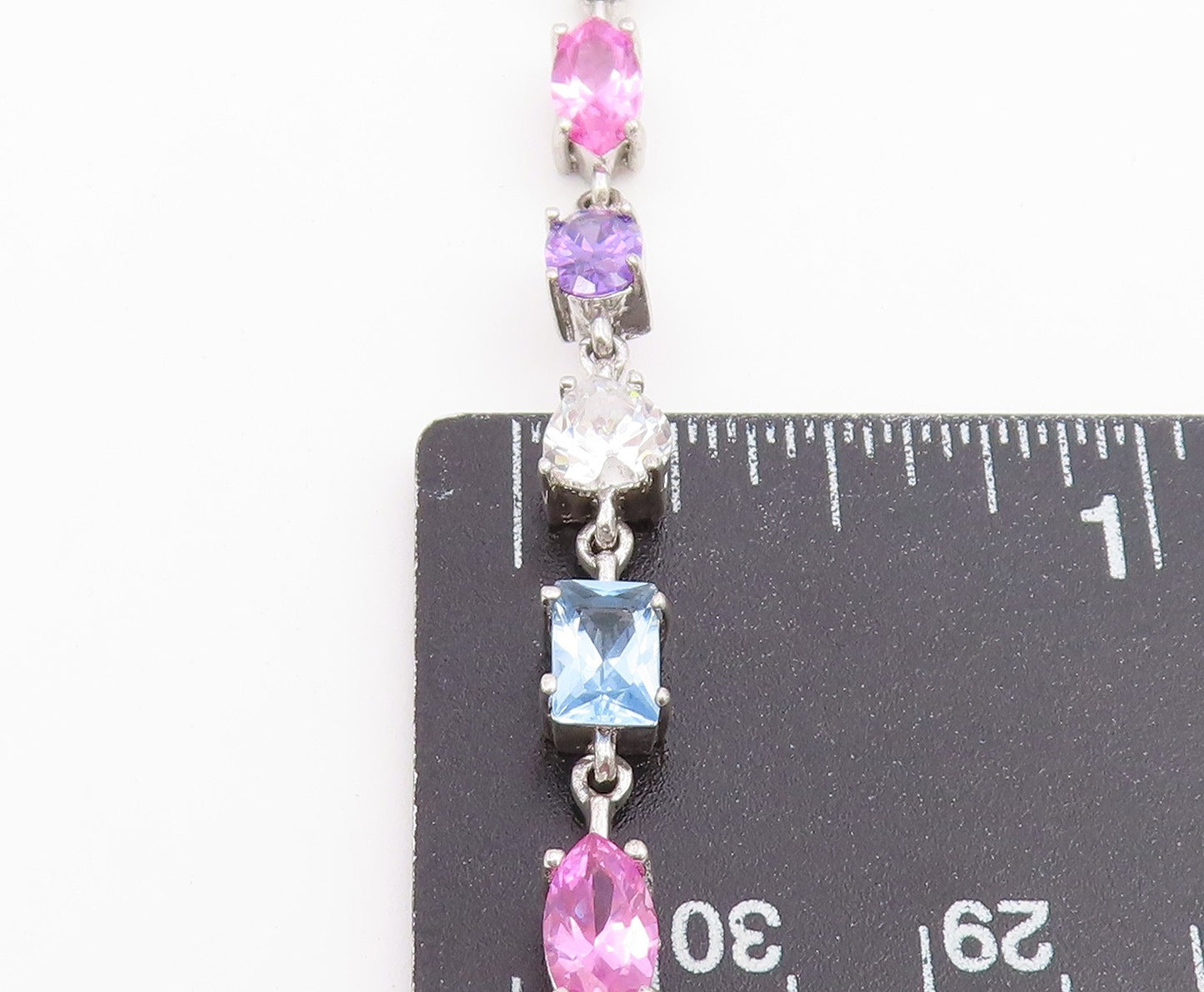 925 Sterling Silver Vintage Necklace Multi Gemstone Tennis Link Chain  NE4899