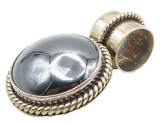 MEXICO 925 Silver  Vintage Cabochon Cut Hematite Twist Slide Pendant  PT13163