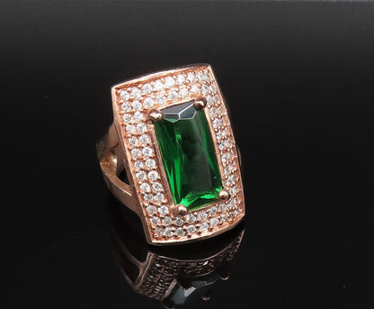 925 Silver  Vintage Rose Plated Emerald & Topaz Statement Ring Sz 8  RG25849