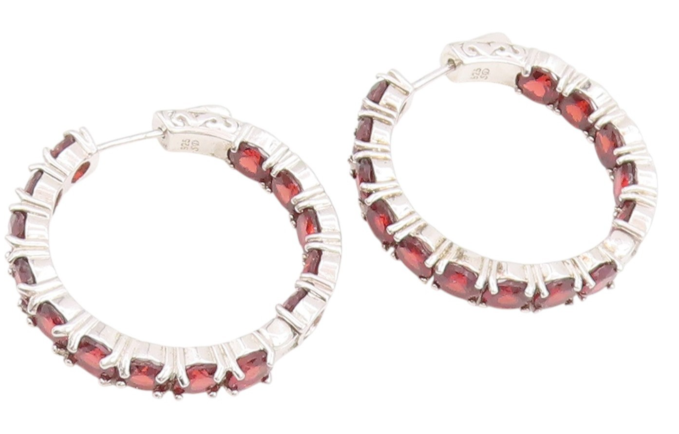 925 Sterling Silver Vintage Earrings Round Red Garnet Modernist Hoops  EG13742