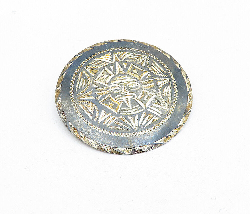 MEXICO 925 Sterling Silver  Vintage Mayan Aztec Sun Calendar Brooch Pin BP1240