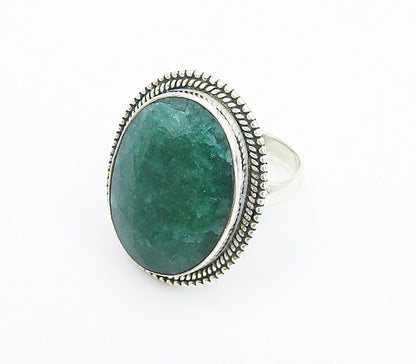 925 Sterling Silver Emerald Twist Border Oval Cocktail Ring Sz 7 RG8494