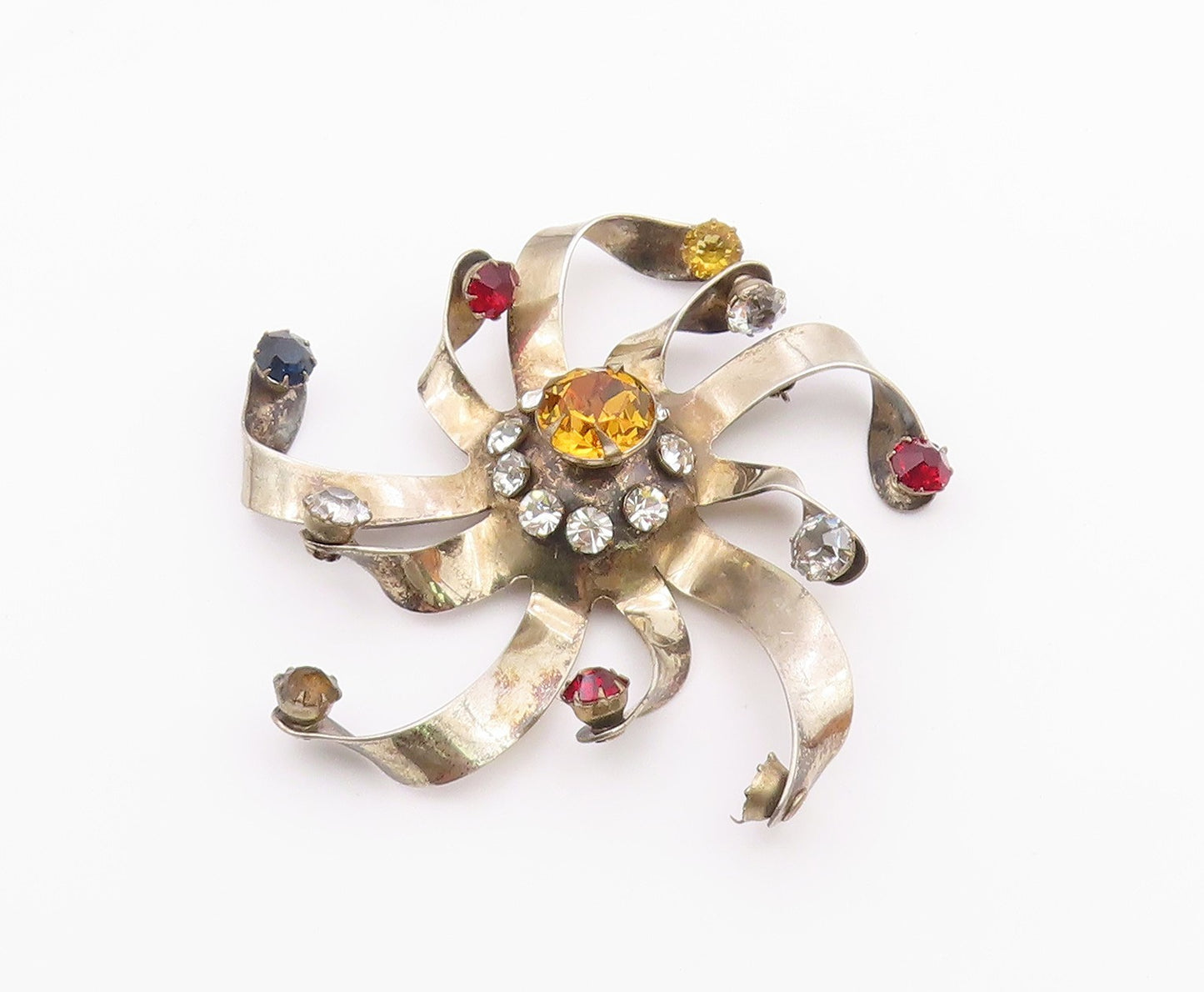 925 Silver  Vintage Citrine & Cubic Zirconia Floral Ribbon Brooch Pin  BP5150