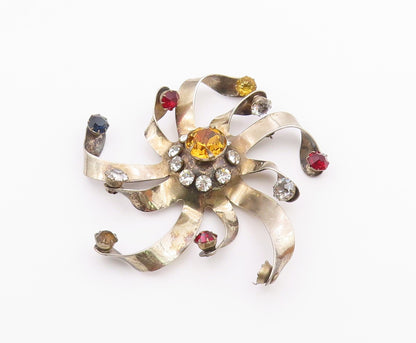 925 Silver  Vintage Citrine & Cubic Zirconia Floral Ribbon Brooch Pin  BP5150