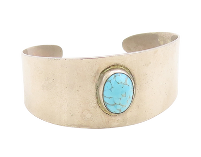 925 Sterling Silver Vintage Bracelet MEXICO Oval Turquoise Inlay Cuff  BT10932