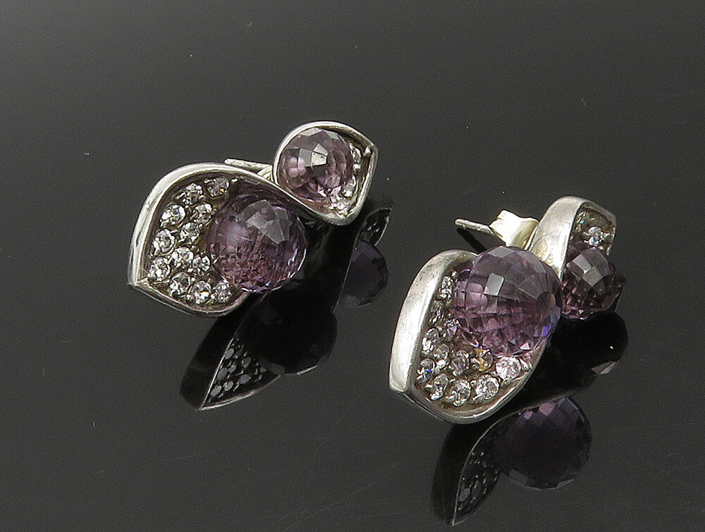 925 Sterling Silver  Vintage Faceted Amethyst & Topaz Twist Earrings  EG11633