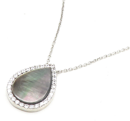 925 Sterling Silver  Abalone & Cubic Zirconia Tear Drop Chain Necklace  NE3144