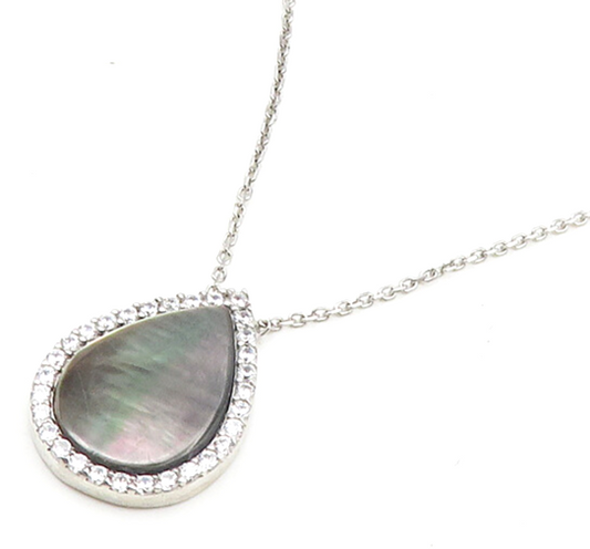925 Sterling Silver  Abalone & Cubic Zirconia Tear Drop Chain Necklace  NE3144