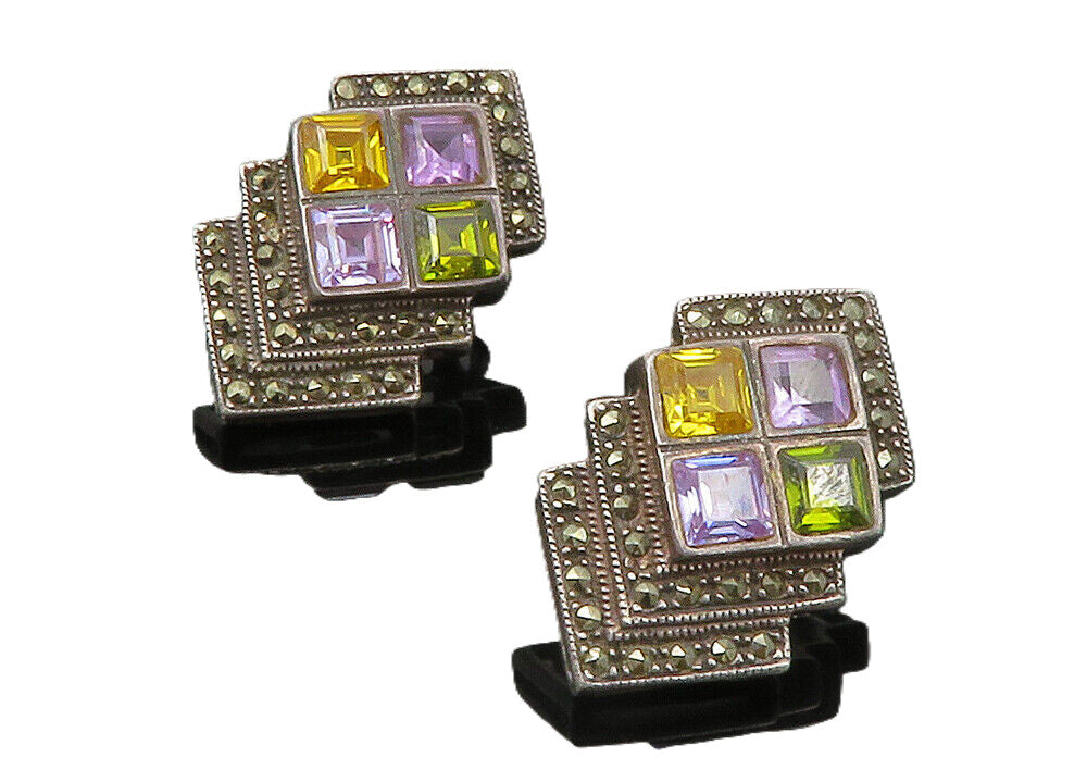 925 Sterling Silver  Vintage Amethyst Citrine Peridot Drop Earrings  EG6513