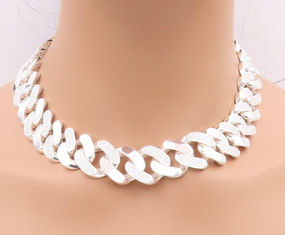 925 Sterling Silver Vintage Necklace Designer Large CZ Inlay Curb Links NE4531