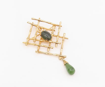 925 Sterling Silver Vintage Brooch Gold Plated Jade Bamboo Lattice Pin  BP12235