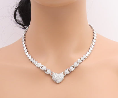 925 Sterling Silver Vintage Necklace Clustered CZ Solid Love Heart Chain  NE4658