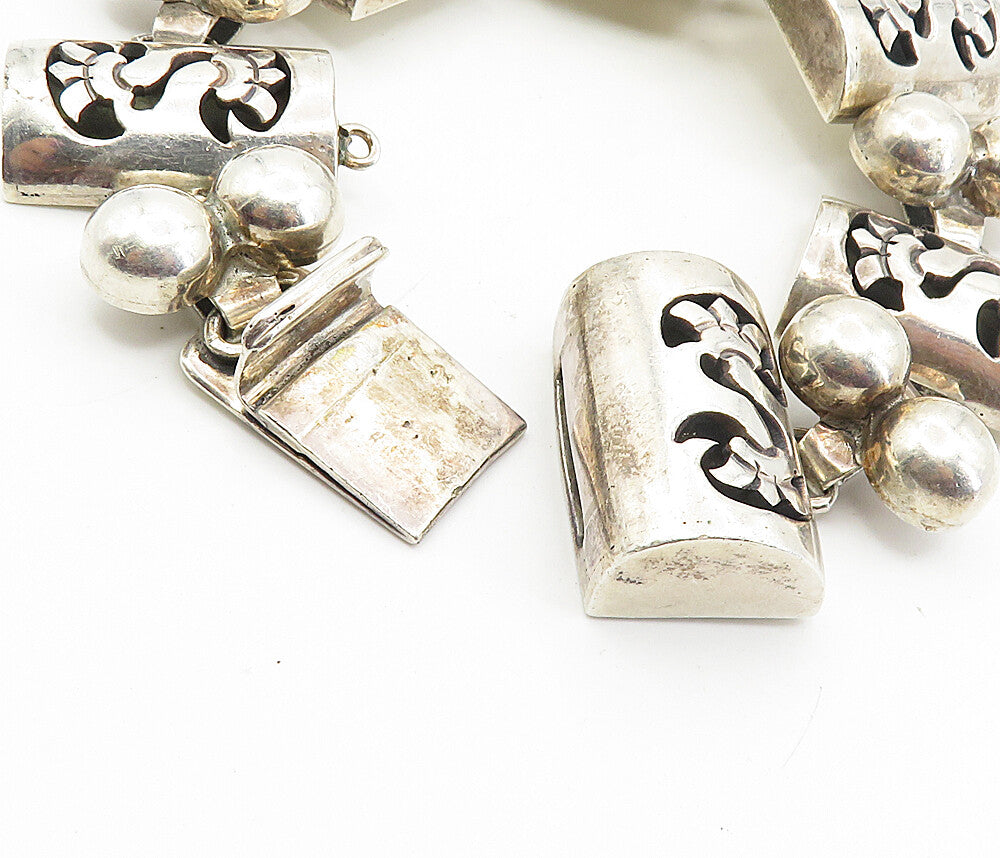 MEXICO 925 Silver  Vintage Dark Tone Cutout Dome Link Chain Bracelet  BT3956
