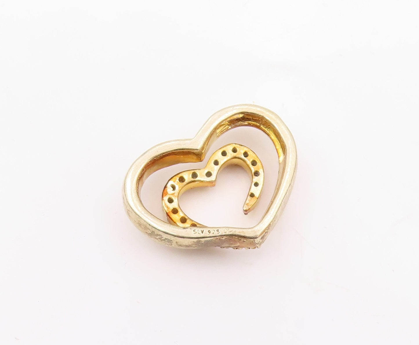 925 Sterling Silver Vintage Genuine Diamonds Double Love Heart Pendant PT20846
