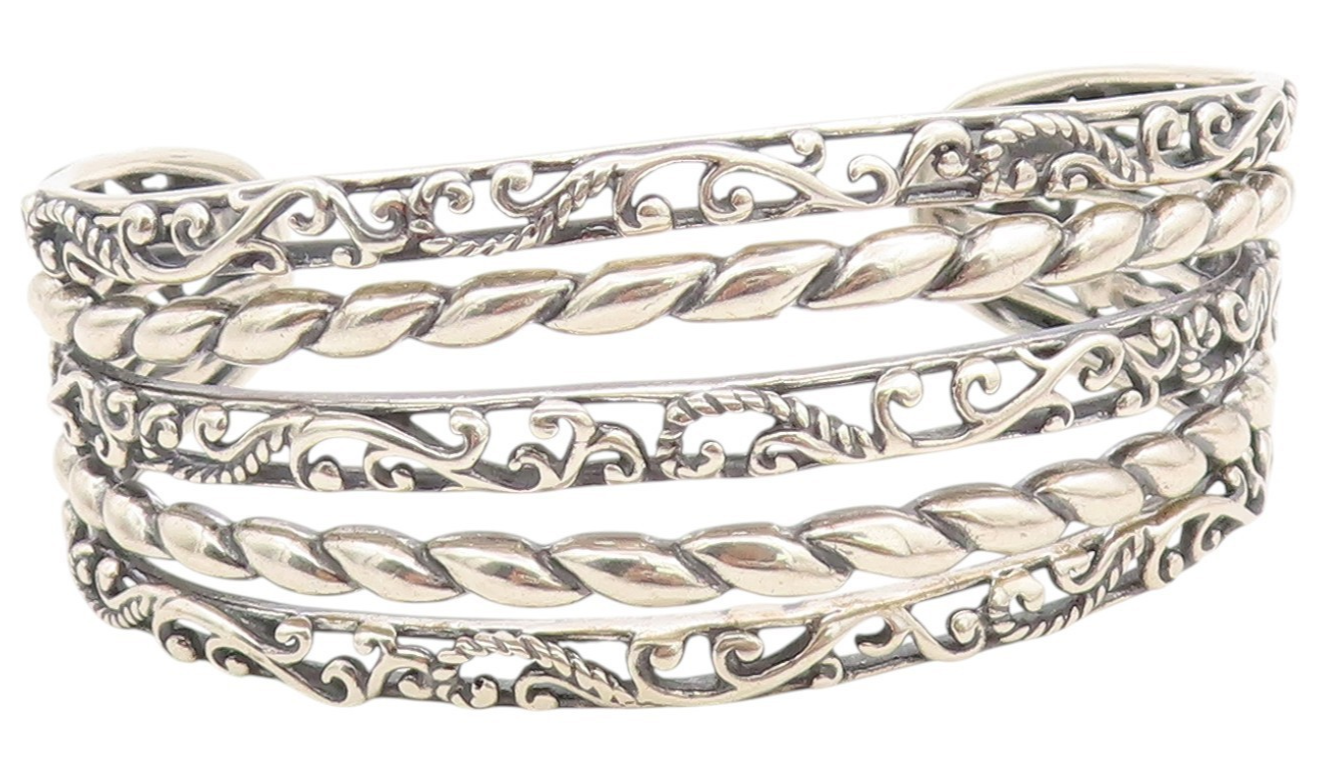 925 Sterling Silver Vintage Bracelet CAROLYN POLLACK Floral Bands Cuff  BT11335