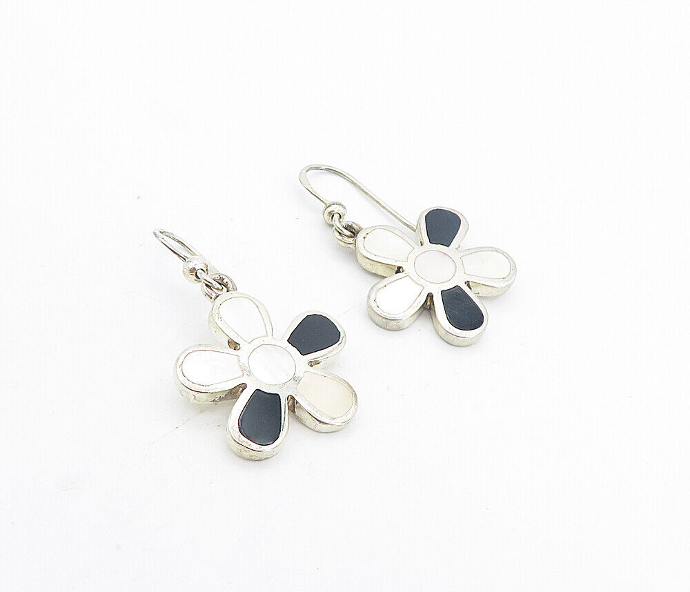 925 Silver  Vintage Mother Of Pearl & Black Onyx Flower Dangle Earrings EG3783