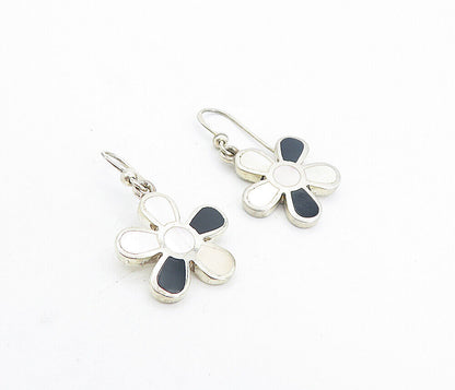 925 Silver  Vintage Mother Of Pearl & Black Onyx Flower Dangle Earrings EG3783