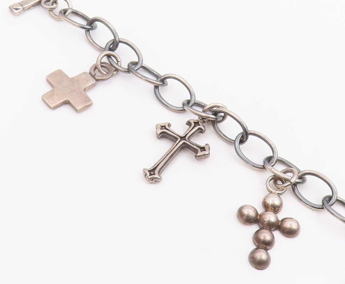 925 Sterling Silver Vintage Bracelet MEXICO Religious Cross Charms Link  BT11866