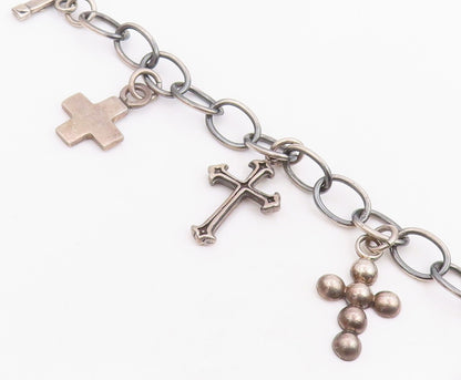 925 Sterling Silver Vintage Bracelet MEXICO Religious Cross Charms Link  BT11866
