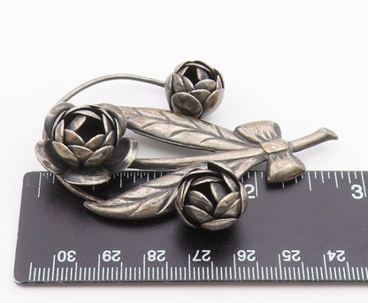925 Sterling Silver  Vintage Oxidized Sculpted Flower Bunch Brooch Pin  BP3330