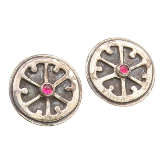 925 Sterling Silver Vintage Earrings Cabochon Garnet Geometric Wheel   EG14435