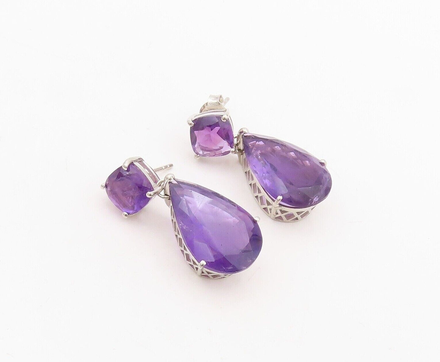 925 Sterling Silver Vintage Earrings Square & Drop Cut Dangling Amethyst EG13158