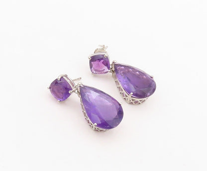 925 Sterling Silver Vintage Earrings Square & Drop Cut Dangling Amethyst EG13158