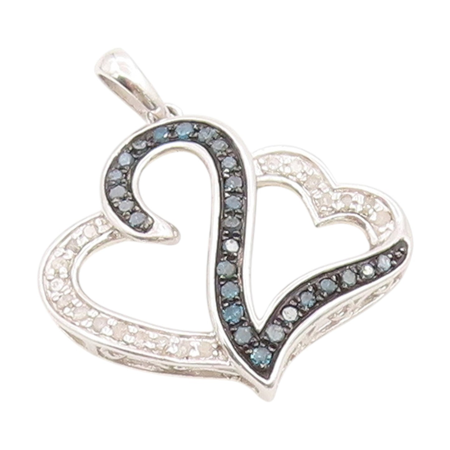 925 Sterling Silver Vintage Pendant Genuine Blue & White Diamonds Heart  PT25825
