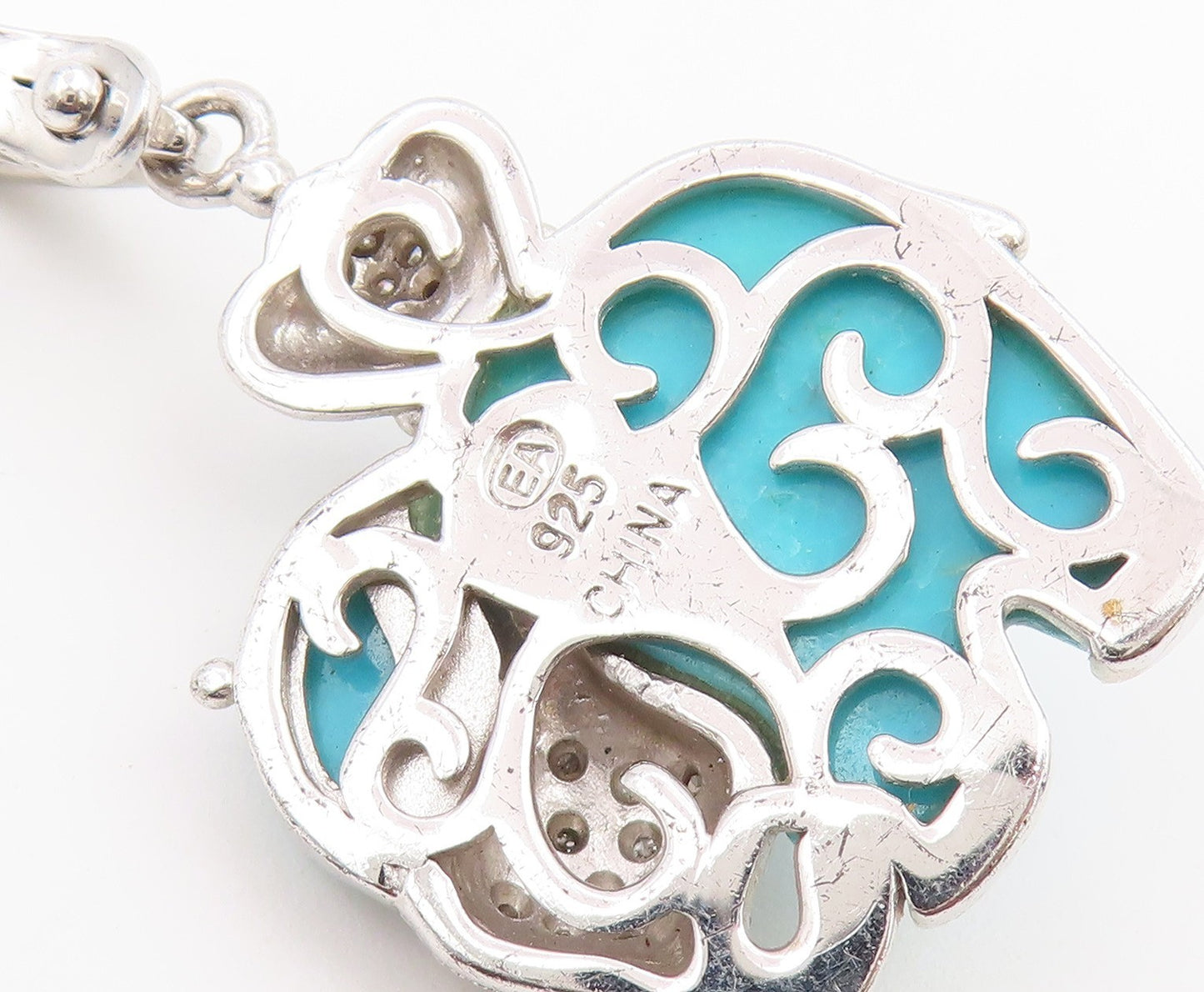 925 Sterling Silver Vintage Pendant Real Diamonds & Turquoise Elephant  PT26613