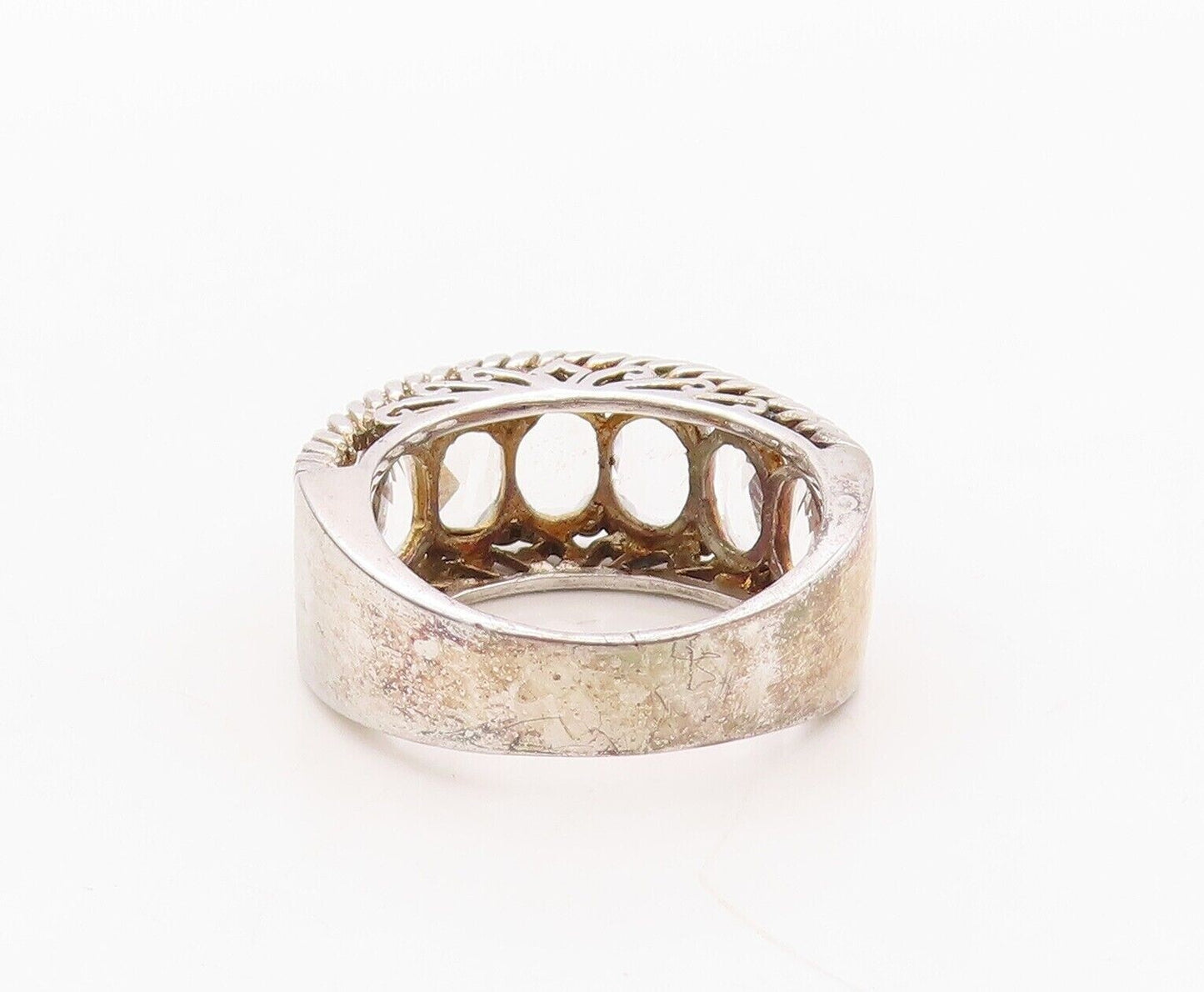 925 Sterling Silver Vintage Ring Rope Carved Oval Topaz band  Sz 8  RG29964