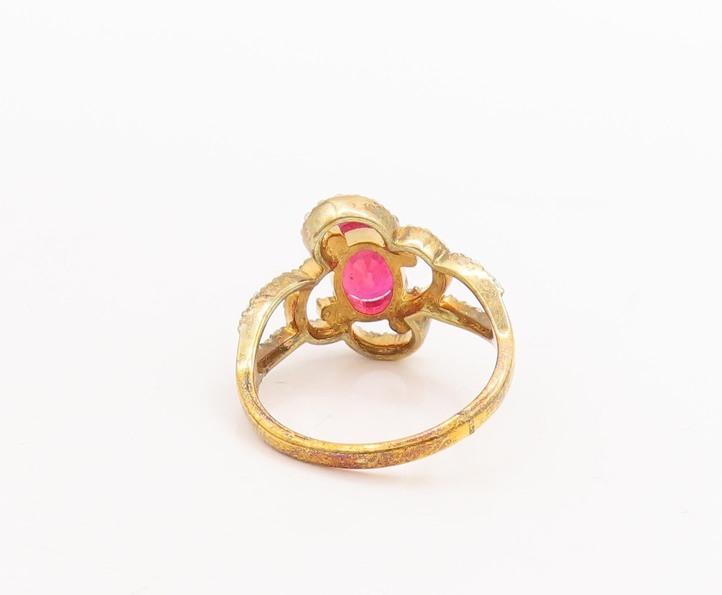 925 Sterling Silver Vintage Ring Gold Plated Pink & White CZ Flower Sz 7 RG29178