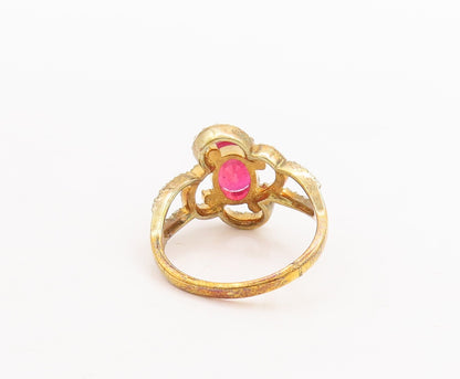 925 Sterling Silver Vintage Ring Gold Plated Pink & White CZ Flower Sz 7 RG29178