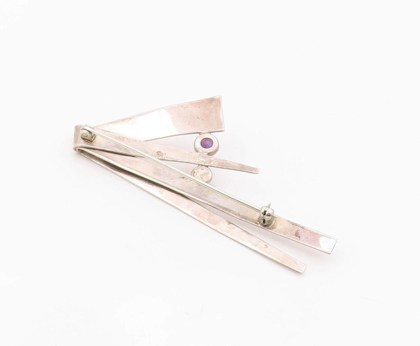 925 Sterling Silver Vintage Brooch Amethyst & Rose Quartz Modernist Pin  BP12575