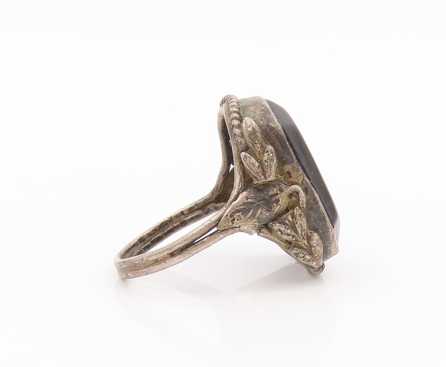925 Sterling Silver Vintage Ring Antique Dark Tone Carved Onyx  Sz 6  RG31820