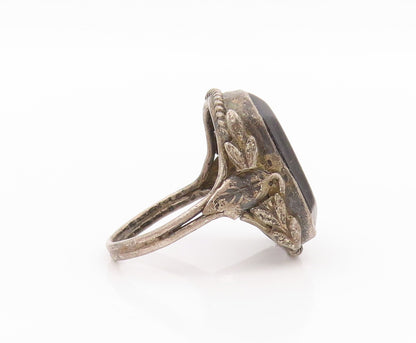 925 Sterling Silver Vintage Ring Antique Dark Tone Carved Onyx  Sz 6  RG31820